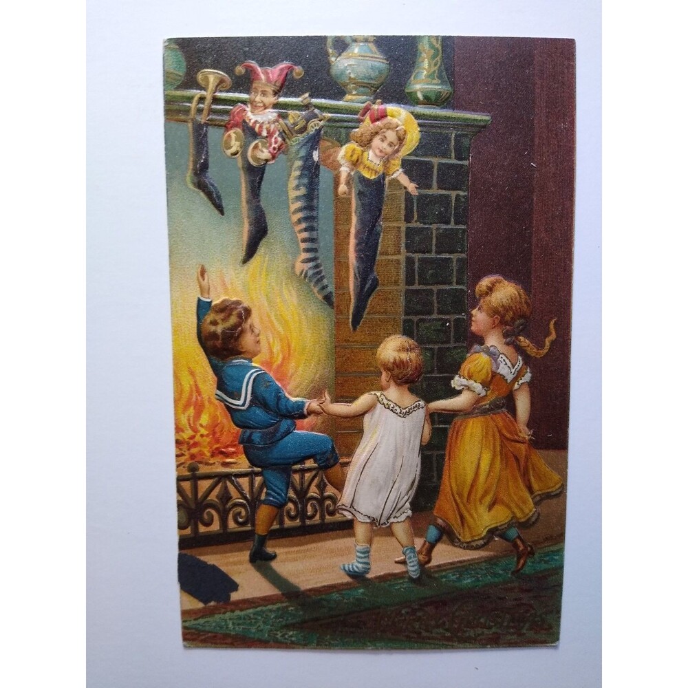 Vintage Embossed Die-Cut Postcard Children Dancing Fireplace Christmas Jester